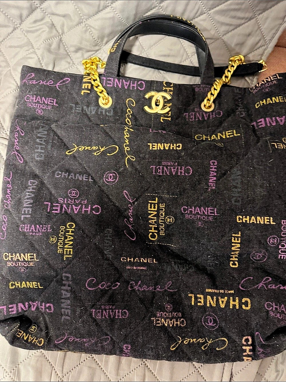 Chanel Printed Logo Denim Graffiti Shopping Tote in Black & Gold
